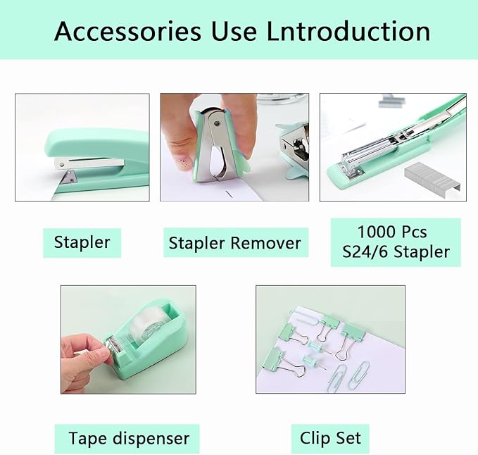 Office Supplies,Green Desk Accessories,Office Supplies Set,Stapler and Tape Dispenser Set,Scissors,Staple Remover,Binder Clips,Staples,Ballpoint Pen,Index Tabs with Ruler,Clear Tape.9pcs for Office