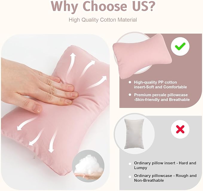 vocheer Small Pillows for Sleeping, 11"x7" Mini Pillow for Travel, Tiny Pillow for Neck, Lumbar, Knee, Wrist, Pets, Cotton Small Back Pillows for Travel, Bed, Office, Machine Washable, Dusty Rose-1pc