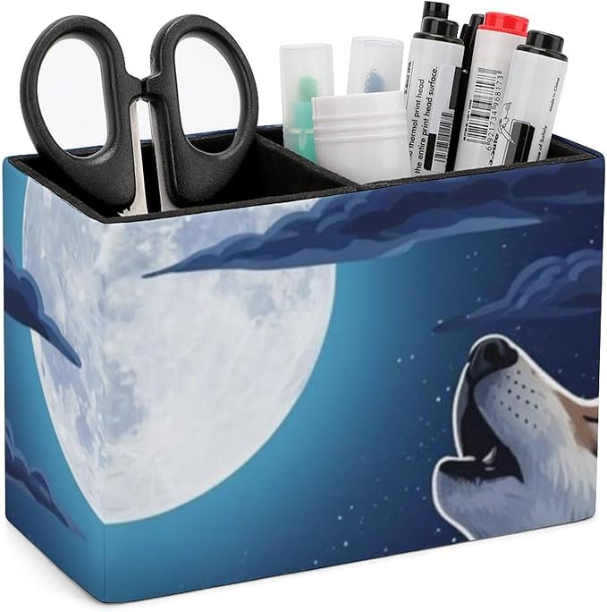 Square Brush Pot Full Moon Howling Wolf, Versatile PU Leather Pen Container for Various Uses