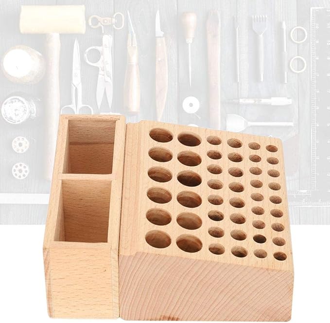 Leather Tool Holder, 48 Holes Wooden Leather Craft Tool Stand with 2 Slots, Solid Beech Rack Stand Organizer, Storage Case for Leathercraft Punch & Styling Tools