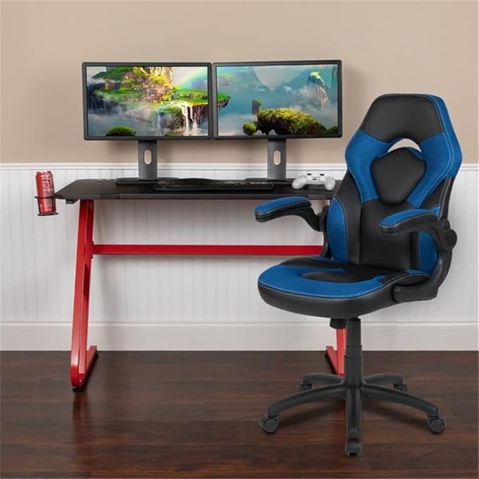 Bowery Hill 2 Piece Z-Frame Gaming Desk Set, 51.5 in Desk with Cable Management, Black Laminate Top, Red Powder-Coated Frame, Ergonomic Gaming Chair, Blue Mesh Inserts, for Home Office or Gaming Setup
