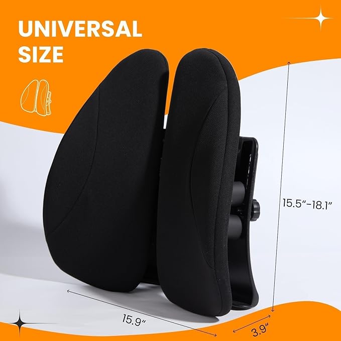 Ergonomic Back Support for Office Chair - Lumbar Pillow for Posture Correction and Lower Back Rest, Adjustable Height, Back Cushion Pad with Straps for Home, Office, Car, Black