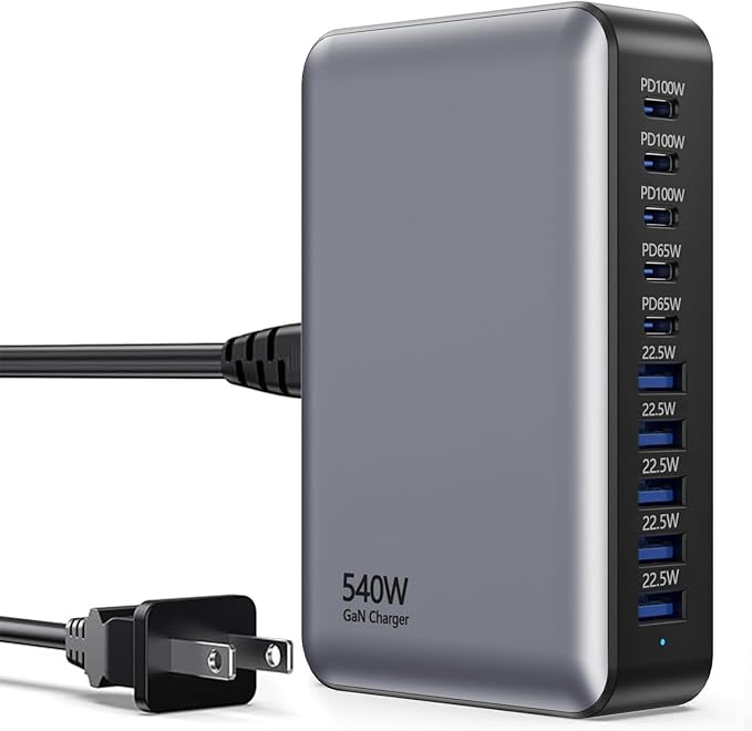 540W USB C Charger Block, 10 Port Charging Station USB Charger Block Double 100W Gan Laptop Fast Charging Compatible with MacBook Air/Pro, iPhone, iPad, Dell XPS, Samsung Galaxy Note