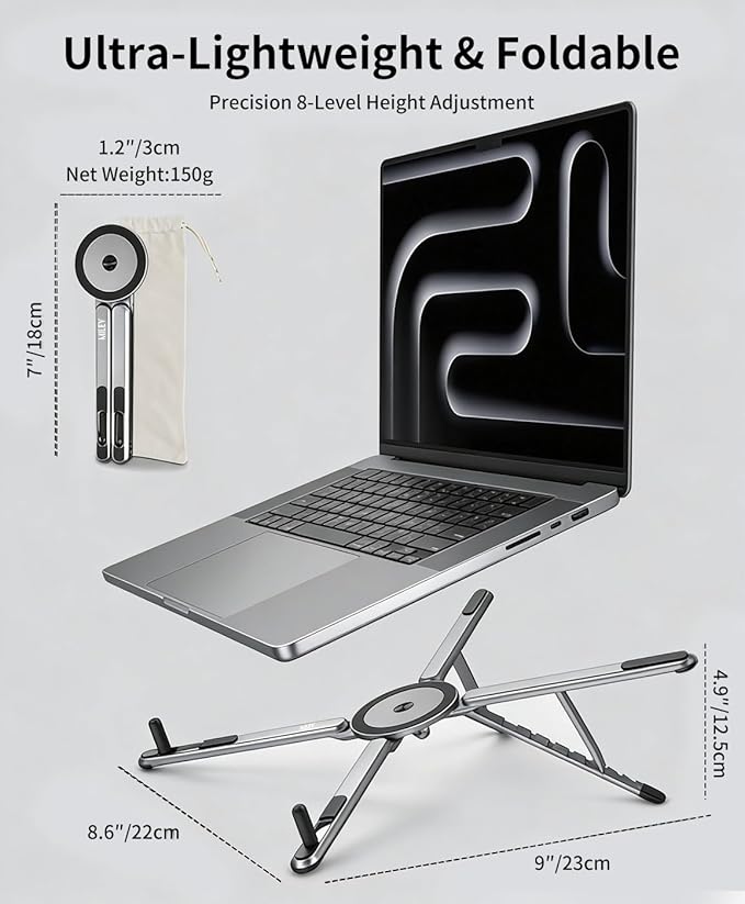 miley Portable Foldable Laptop Stand for Desk,Foldable Ergonomic,8-Level Height,with 13–17" Laptops,Aluminum Construction,Tripod Compatible,Portable with,Includes Storage Bag (Silver)