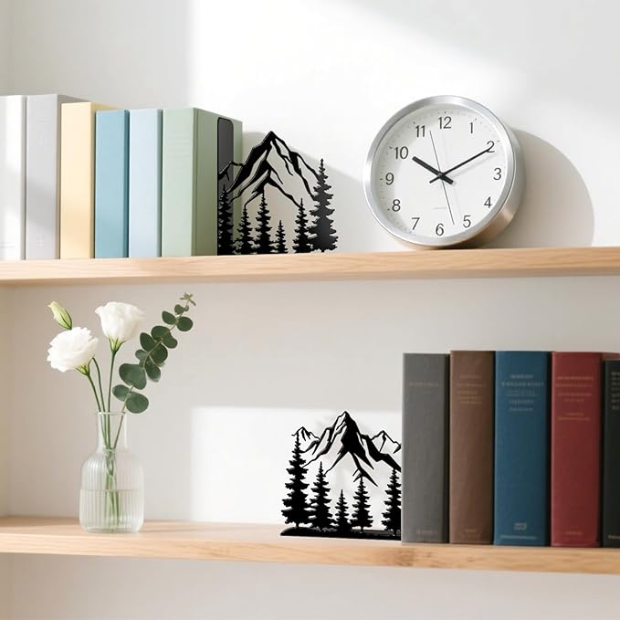 Metal Bookends Mountain Bookends Decorative Modern Book Ends for Shelves Bookshelf Home Office Desk Decorative Shelf Stoppers for Books Space-Saving Desk Organizer