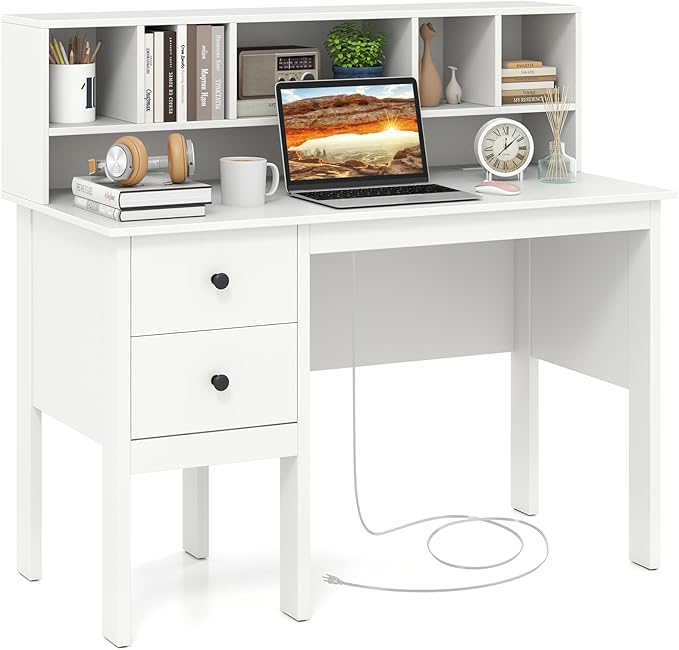 Giantex White Desk with Drawers & Hutch, Home Office Desk with Charging Station, 5 Storage Cubbies, Makeup Vanity Table, Modern Study Writing Desk, PC Laptop Desks, Computer Workstation for Bedroom