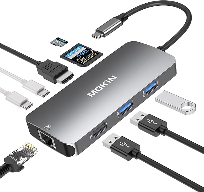 USB C Adapters for MacBook Pro/Air,Mac Dongle with 3 USB Port,USB C to HDMI, USB C to RJ45 Ethernet,MOKiN 9 in 1 USB C to HDMI Adapter,100W PD Charging, USBC to SD/TF Card Reader USB C Hub