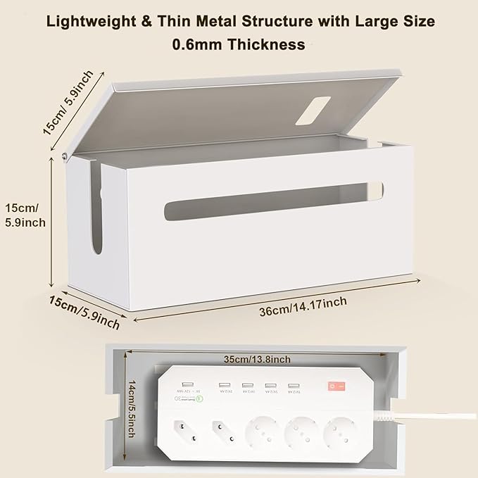 0.6mm Metal Cable Management Box - Large Cable Organizer Box and Power Strip Box for Electrical Cord Hiding, Home Office Floor Cables Hider, TV Wires Storage Organization