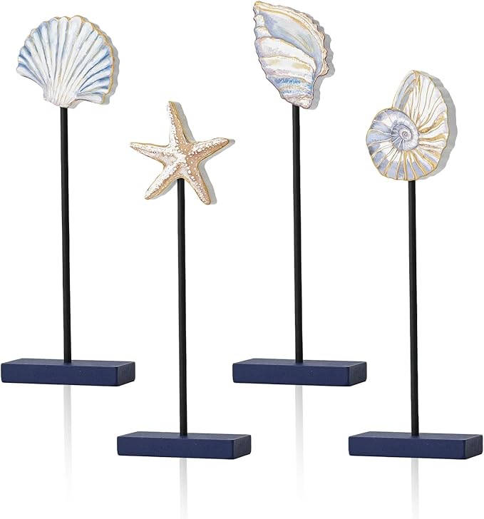 Smile 4 Pcs Wooden Decor Summer Indoor Decorations, Conch Starfish Shell Nautilus, Summer Table Centerpieces for Home Kitchen Seasonal Display