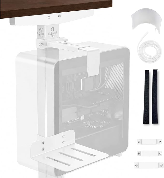 DEHAGLOBAL Clamp Mount Under Desk Pc Mount, Adjustable Height and Width No Drilling 50 lb Capacity with Non-Slip Pads & Cable Organizer for Standing Desk (White, 75mmx45mm)