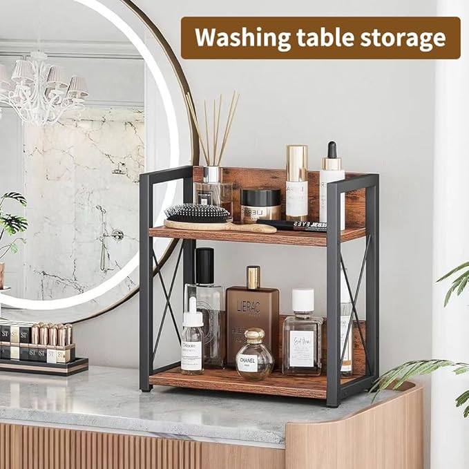 Office Desk Shelf Organizer, Wood Desktop Bookshelf Supplies Storage Rack, Shelf for Top of Desk and Dresser and Cubicle Decor Aesthetic Bookshelf (Brown, Small 12.9" Lx6.3 Wx10.2 H)