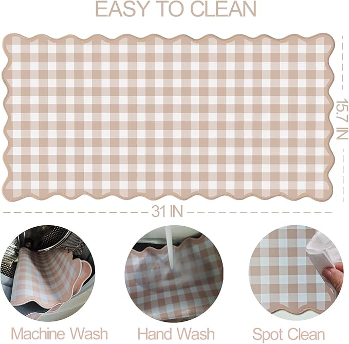 Scalloped‌ Checkered Desk Mat Cute Light Brown Gingham XXL Large Gaming Mouse Pad Farmhouse Cottagecore ‌Vintage‌ Keyboard Computer Mat Pad for Desktop Aesthetic Cozy Office Desk Decor