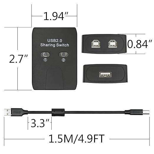 USB 2.0 Printer Sharer Switcher, USB Type B Adapter 2 in 1 Out 2 Devices Shared 1 Printer Scanner with Manual Switcher and LED Light (Including 2Pcs 4.9FT USB Printer Cables)