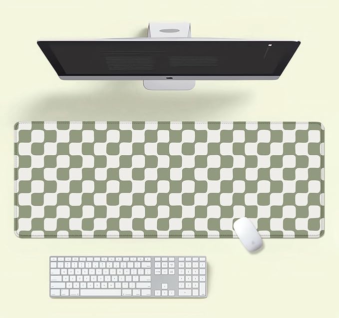 Retro Checkerboard Grid Pattern Extended Mouse Pad, Beige Sage Green Wavy Checkered Desk Mat, Non-Slip Large Gaming Mousepad for Computer Laptop Decor, 31.5x11.8 inch