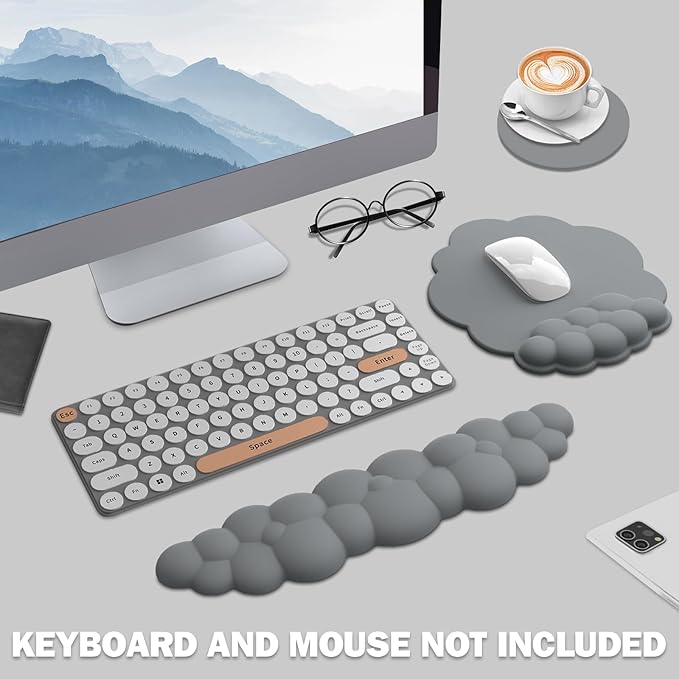 Cloud Keyboard Wrist Rest and Mouse Pad with Wrist Support Set, Ergonomic PU Leather Mouse Pads, Pain Relief Memory Foam Non-Slip Mousepad for Computer,Laptop,Grey