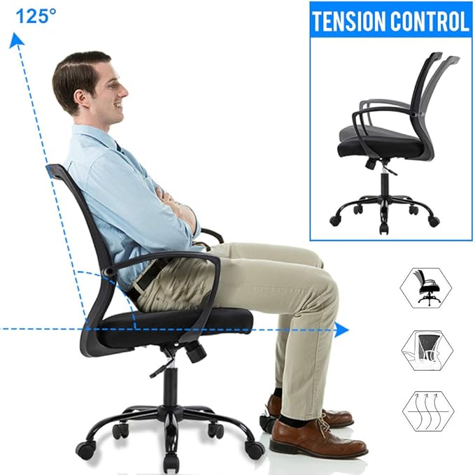 BestOffice Office Chair Mesh Computer Chair Lumbar Support Armrest Mid Back Task Chair and 47 Inch Gaming Desk Carbon Fiber Table Gamer Workstation Cup Holder