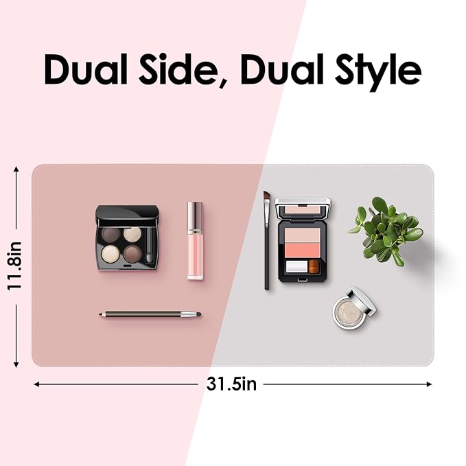 Makeup Mat for Vanity to Protect Desk Top 31.5 x 11.8 in, Dual-Sided Makeup Mat, Easy to Clean Desk Pad - Waterproof and Oilproof Vanity Accessories (Pink and Silver)