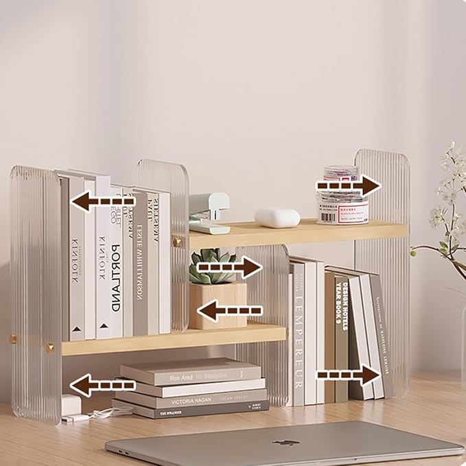BYCY Double H Display Bookshelf Desktop Organizer Office Storage Rack Expandable Wood Display Shelf with Acrylic Side Board Free Style Display Storage Rack Stackable for Home Office (Natural)