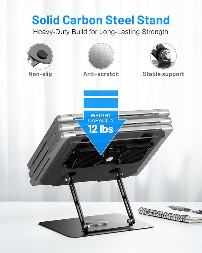 Metfut Laptop Cooling Pad with Detachable Fan & Cooler, Adjustable Height & Angle, 360 Rotation Base, Ultra-Quiet, Carbon Steel Framework for MacBook, ASUS, Dell 10-16” Laptop for Tablet, DJ Mixer