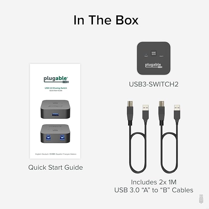 Plugable USB 3.0 Sharing Switch, One-Button USB A Switch to Share Devices Between 2 Computers | KVM Switch for Keyboards, Docking Stations & More
