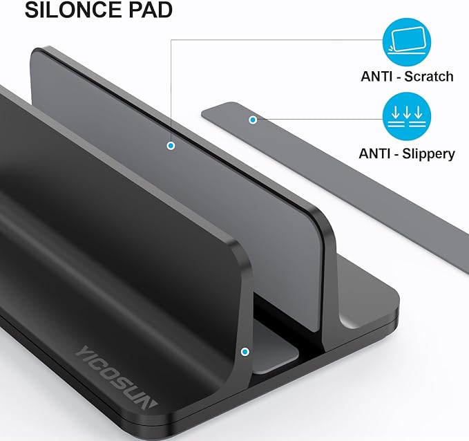 YICOSUN Aluminum Vertical Laptop Stand for Desk - Adjustable Width Dock for MacBook, Surface, Samsung, HP, Dell up to 17.3 inches - Space-Saving & Protective Design - Black