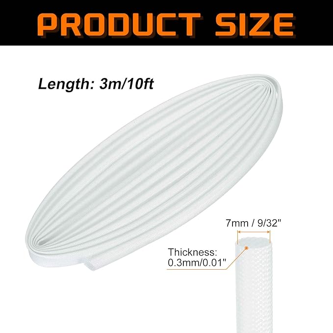 MECCANIXITY 10ft Braided Cable Sleeve, 9/32" ID 200C Heat Resistant 1500V Fiberglass Wire Insulation Cord Protector Organizer Wires Management for Motor Engine Fuel Line, White