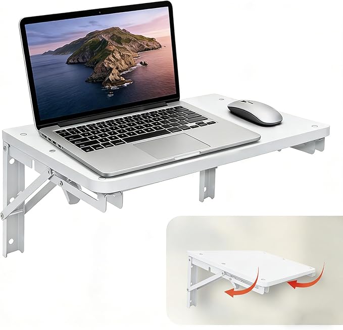 HWMYD Folding Table Wall Mounted for Small Space, Wooden Wall Shelf for Living Room Bedroom Decor, Home Office Floating Fold Down Desk, Media Shelves with Heavy-Duty Brackets Holds Up to 55lbs, White