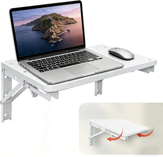 HWMYD Folding Table Wall Mounted for Small Space, Wooden Wall Shelf for Living Room Bedroom Decor, Home Office Floating Fold Down Desk, Media Shelves with Heavy-Duty Brackets Holds Up to 55lbs, White
