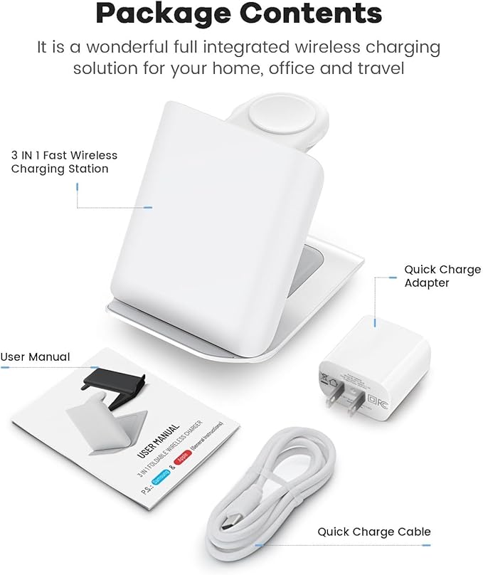 Fast Wireless Charger for Samsung Z Flip - 3 in 1 Foldable Travel Charging Station for z Flip 7/6/5/4, Motorola Razr+, Galaxy Watch 8/7/6/5/Ultra & Buds 3/2 Pro/Live | PD20W Adapter Included | White