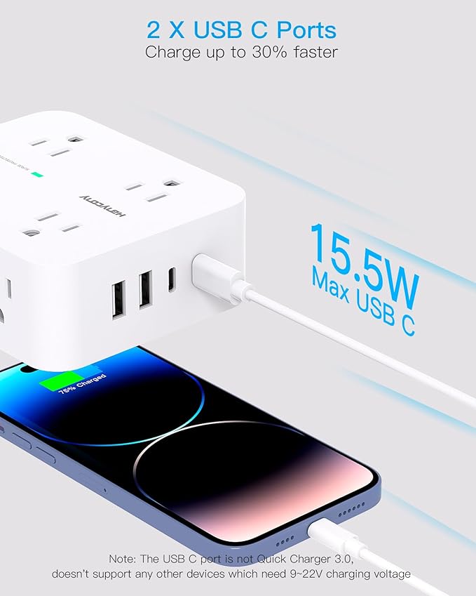 HANYCONY Extension Cord 25 Ft, Surge Protector Power Strip with 8 Outlets 4 USB Ports(2 USB C), Long Cord, Wall Mount, Desk USB Charging Station for Home Office College Dorm Room Essentials