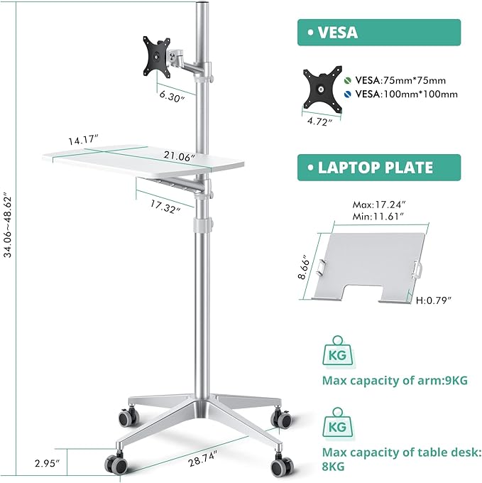 viozon Mobile Desk,Mobile Workstation,Mulitiuse Rolling Laptop Floor Stand,34"-48.6" Height Adjustable,Compatible with 17"-27"Monitor&12"-17"Laptop,21"×14" Desk Board,Maxload 17.6lbs,4 Lockable Wheels