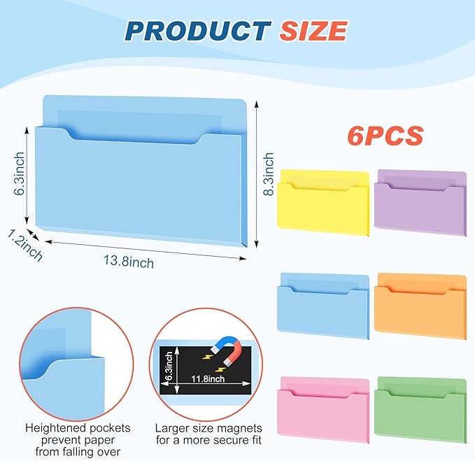 Fuutreo 6 Pcs Magnetic Wall File Organizer Magnetic Wall File Holder Refrigerator Magazine Holder for Mail Letters Paper(Macaron Color,Horizontal-large)