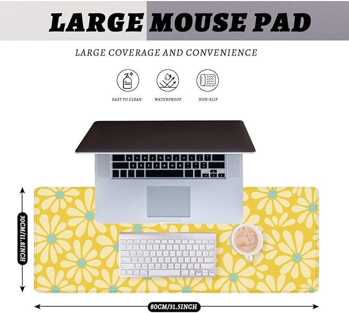 Daisy Flower Desk Pad Mouse Pad Cute Yellow Retro Floral Extended Gaming Mouse Pad Mat with Stitched Edge Non-Slip Base Big Mousepad 31.5"x11.8"