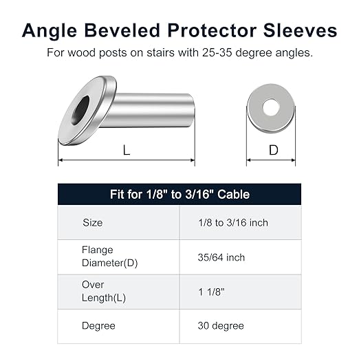 BLIKA 40 Pack 25 30 35 Degree 1/8" to 3/16" Angle Beveled Protector Sleeves for Stair Cable Railing, T316 Stainless Steel, Cable Railing Hardware Kit 30 Degree Angle Protector Sleeves for Wood Post