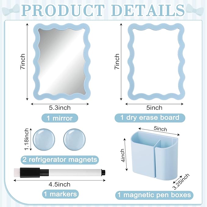 Jingmore Scalloped Magnetic Locker Accessories Kit Blue Back to School Essentials 6 Pieces Includes Whiteboard Mirror and Organizing Supplies Cute Locker Organizer Decoration for School