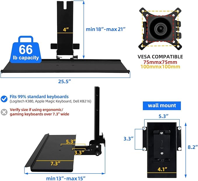 Monitor Wall Mount with Foldable Keyboard Tray for Mac mini/Small PCs Monitor and Keyboard Mount | 26" Curved Platform w/Mouse Space | Holds 17"-32" Screens