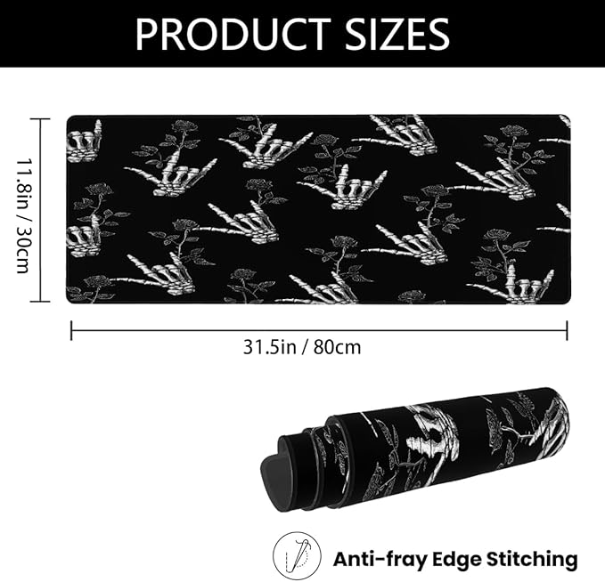 Large Mouse Pad Skull Hand Rose Black Non-Slip Rubber Long Gaming Desk Mat Big Computer Keyboard Mousepad Waterproof Protector Wristing Pad for Gaming Office Home Decorative 31.5 X 11.8 Inch