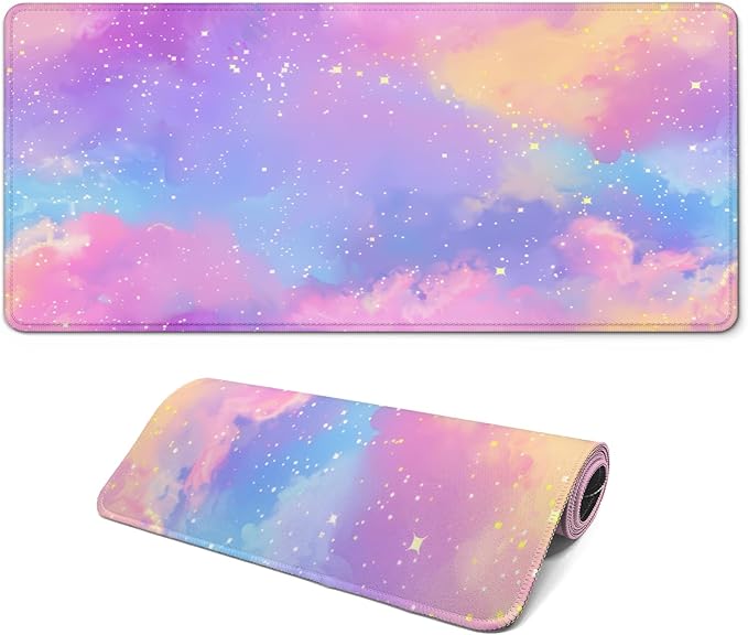 Gaming Mouse Pad, Large 31.5 x 11.8 inches Mousepad, Long Keyboard Pad, Cute Mouse Mat for Computer with Stitched Edges and Non-Slip Base (Pink Purple Galaxy)
