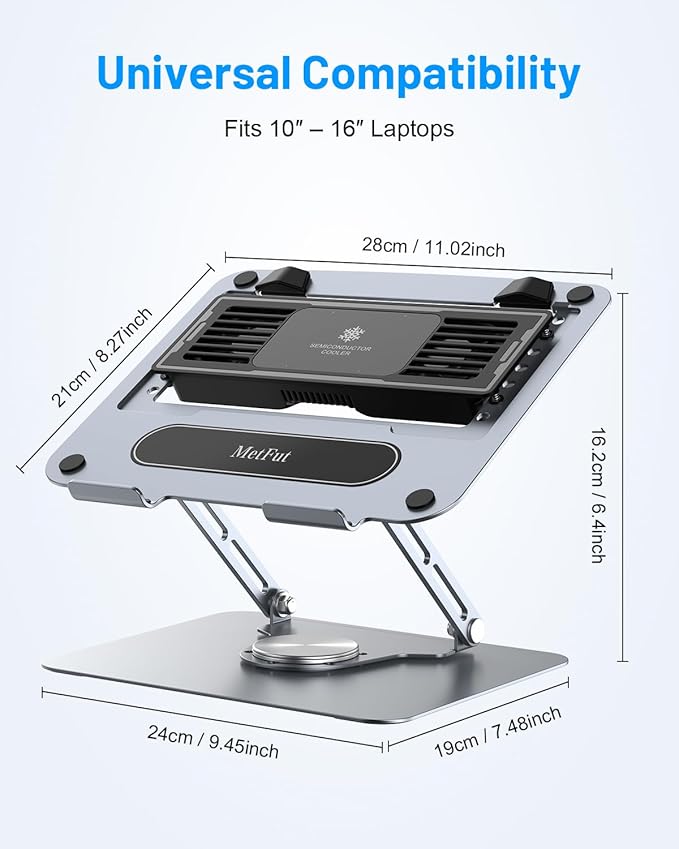 Metfut Laptop Cooling Pad with Detachable Fan & Cooler, Adjustable Height & Angle, 360 Rotation Base, Carbon Steel Framework, Ultra-Quiet & Super Sturdy for 15.6” Laptop, DJ Mixer Workstation (Grey)