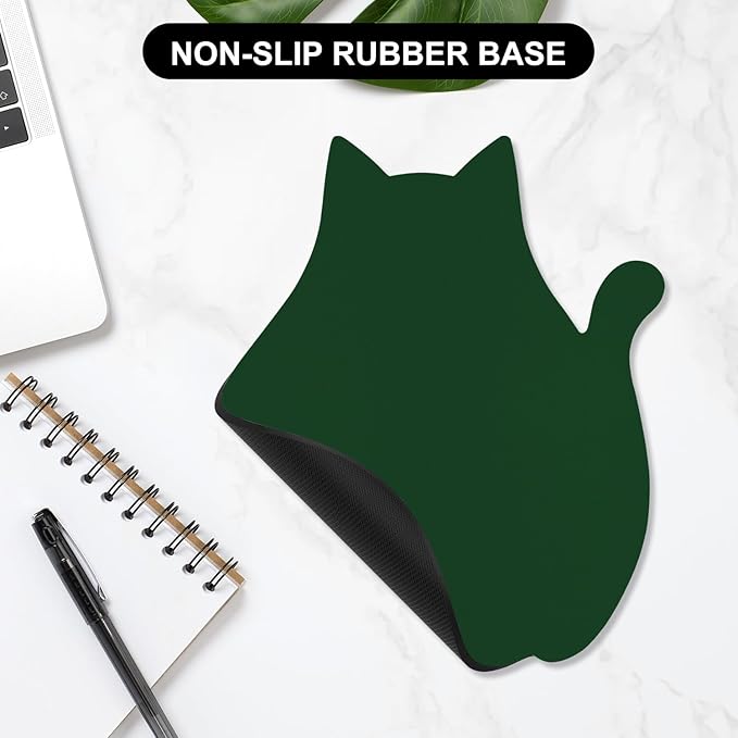 Funny Leather Mouse Pad Cute Cat Shape Office Desk Accessories Decor for Women Small Mousepad with Non-Slip Rubber Base Washable Waterproof, 9.7" x 8", Dark Green