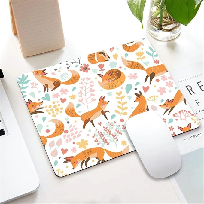 Mouse Pad,Cute Foxes and Flowers Mouse Pad, Mouse Mat Square Mouse Pad Non-Slip Rubber Base MousePads for Office Laptop, 9.5"x7.9"x0.12" Inch