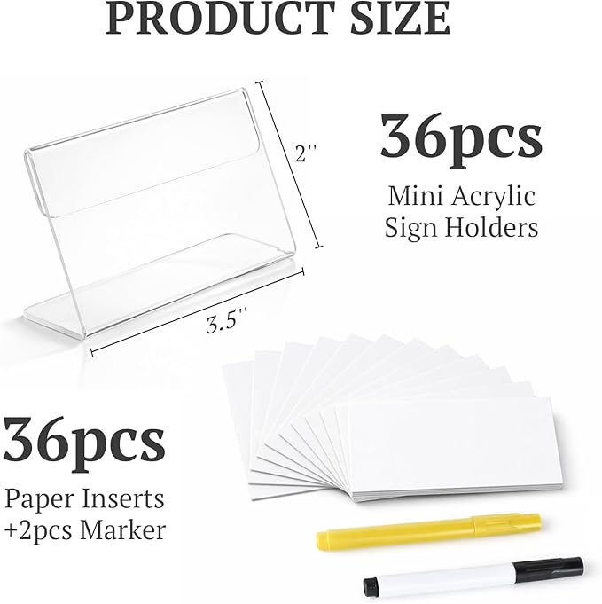 EHWINE 36 Pack Clear Acrylic Sign Holders, 3.5 x 2 Inch Slanted L-Shaped Name Tag & Price Label Display Stand for Restaurant Table, Retail Shelf, Office Desk, Trade Show