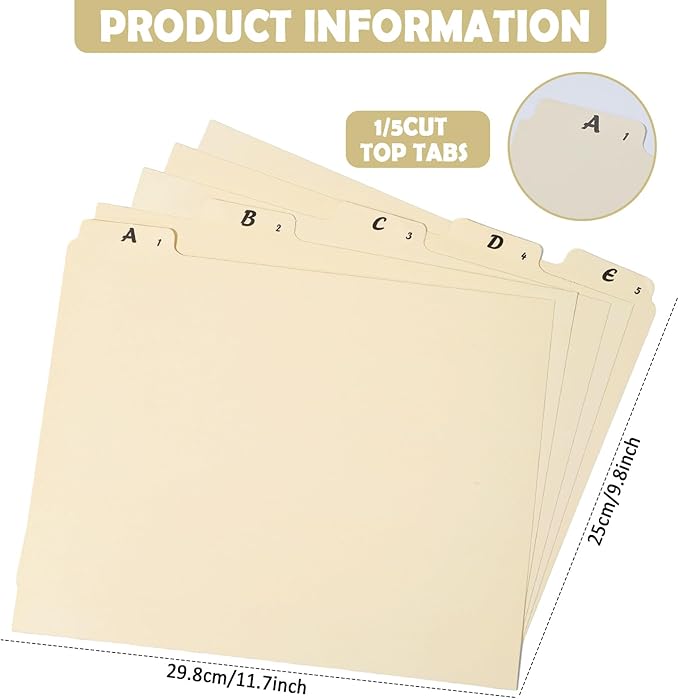 1 Set 25 Alphabet File Dividers A-Z Top Tab File Guides Letter Size 1/5 Cut Tab Manila Alphabetical File Organizer File Cabinet Dividers for Work Office Home School and Desk Organizer (Beige)