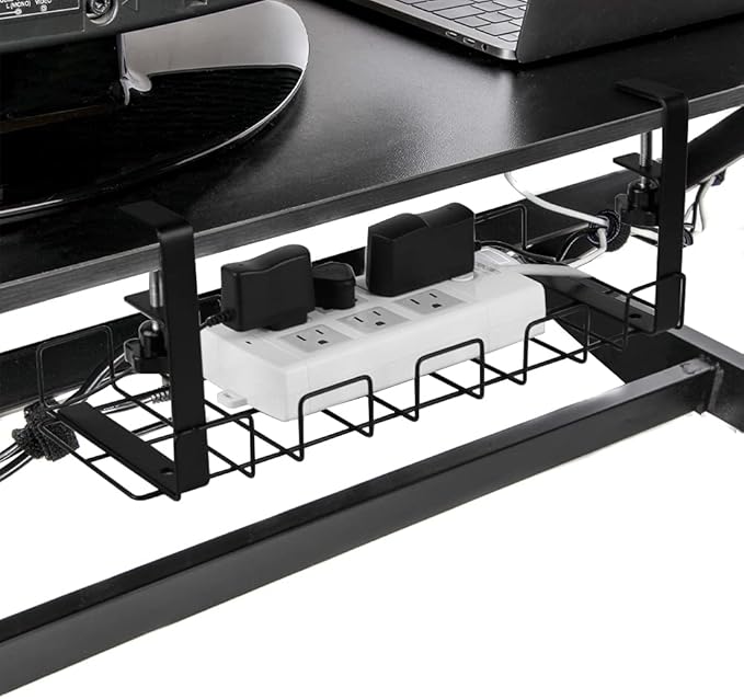 Under Desk Cable Management Trays 2 Pack, 16" Clamp Mounted Cord Organizer Holder Wire Organization No Drill Holes Needed for Computer Home Office Standing Tables to Conceal Power Strips