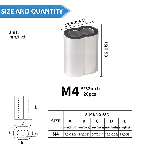 5/32 Inch Aluminum Crimping Loop Sleeve 5/32" 4MM Cable Ferrules Crimp Loops Sleeves for Wire Rope (Pack of 20Pcs)