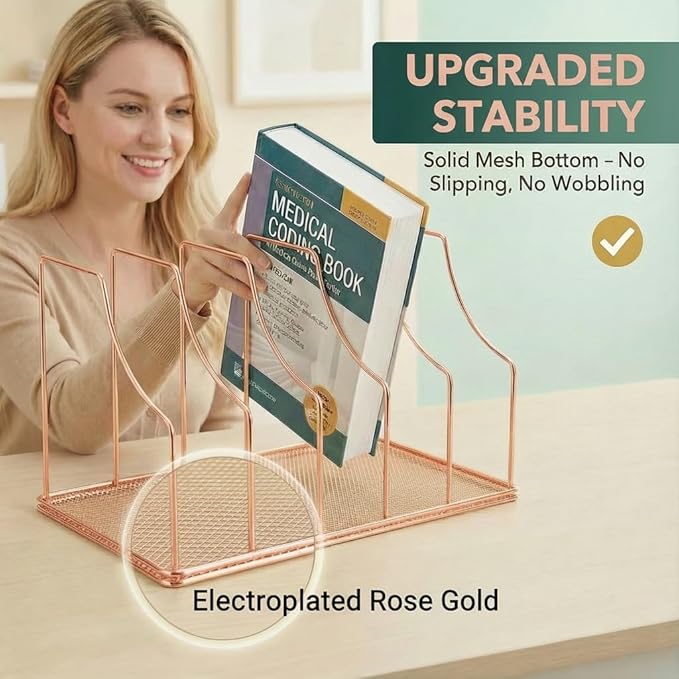 Rose Gold Binder Organizer for Desk, 5 Slot Metal Wire Vertical File Sorter with Mesh Bottom, Desktop Magazine Holder Rack for 2 Inch Binders, Medical Coding Books, Vinyl Records, 12.1"