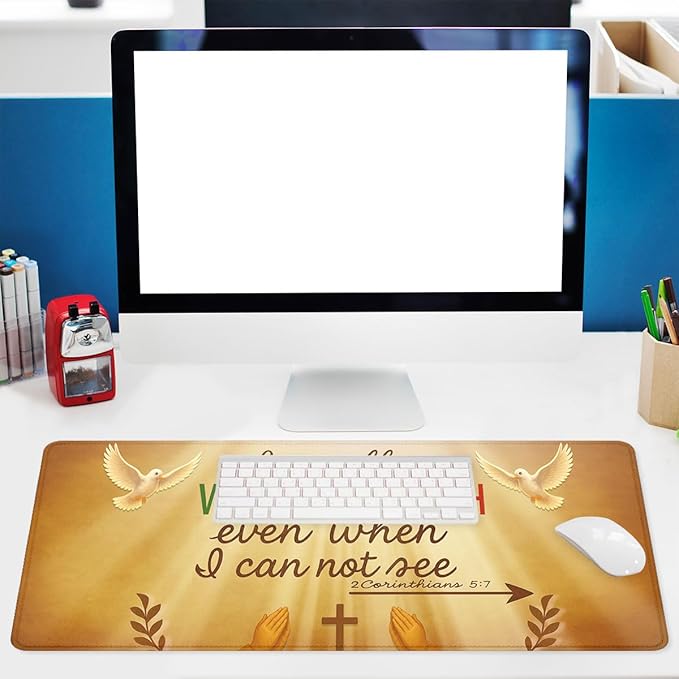 Christian Desk Mat Jesus Cross Faith Quote Walk by Faith XL Mouse Pad Large Mousepad Extended Laptop Keyboard Mat Gaming Desk Pad Mouse Mat 31.5"x11.8"