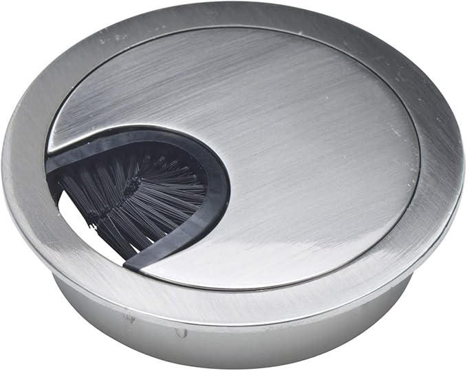 Satin Nickel Metal Cable Grommet | 2 Piece "Lock in" Feature with "Brush" Opening for Management of Office & Computer Desk Wires | 60mm (2 3/8") Hole Opening | 5 Pack