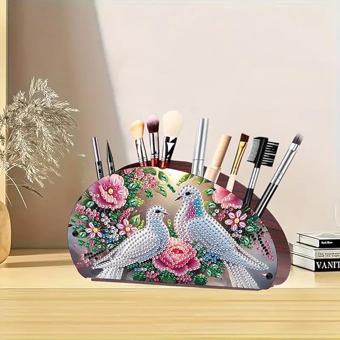 POETRYDRAW DIY Birds Diamond Art Painting Wooden Storage Box – Multi-Grid Moon Fan Makeup Brush Organizer, Double-Sided Drill Tabletop Holder for Women, Office & Home Decoration