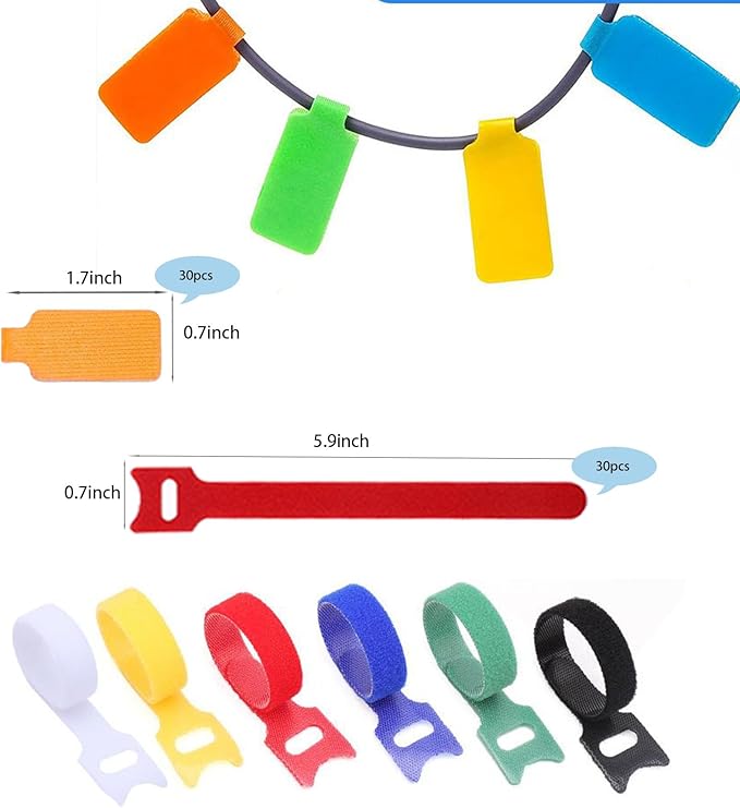 60 Pieces Cable Labels & Reusable Hook and Loop Fastening Ties Set - 30 Pieces Cord or Wire Labels & 30 Pieces Labels for Electronic Cords, Home & Office Cord Management